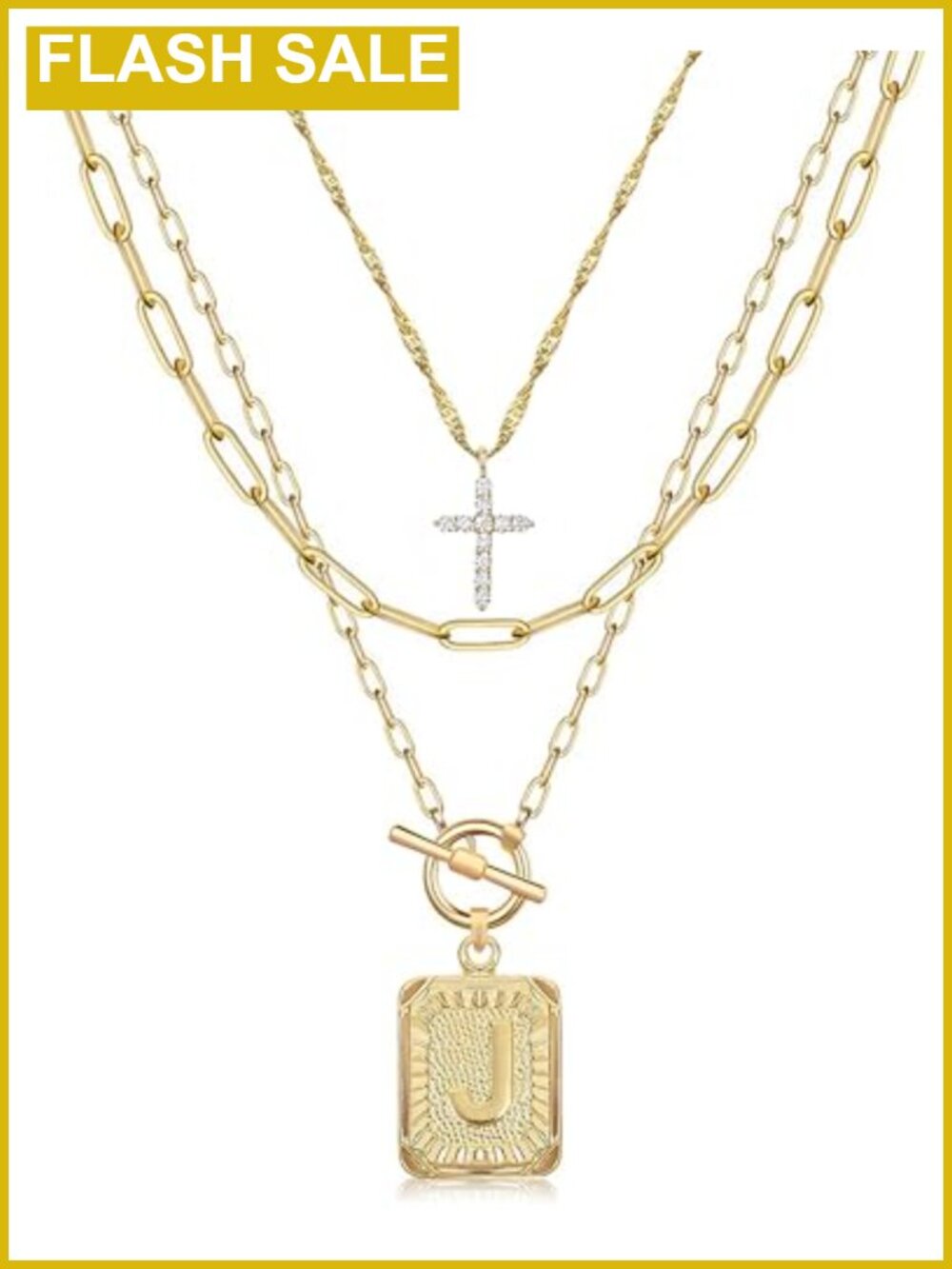 Layered Initial Necklace 14K Gold Plated Paperclip Chain Set